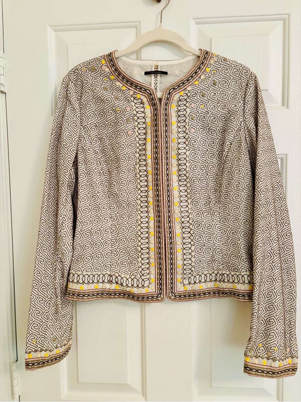 Elie Tahari Cream & Brown Embroidered Open-Front Jacket 68% Cotton 32% Silk.